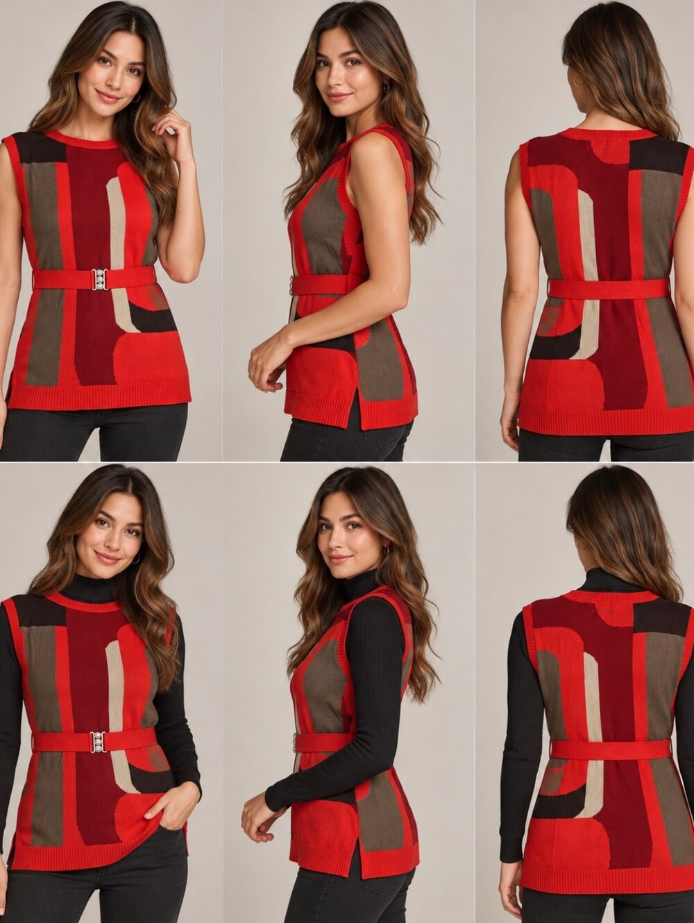 DKNY Red Colorblock Sweater Knit Top With Belt Size Small